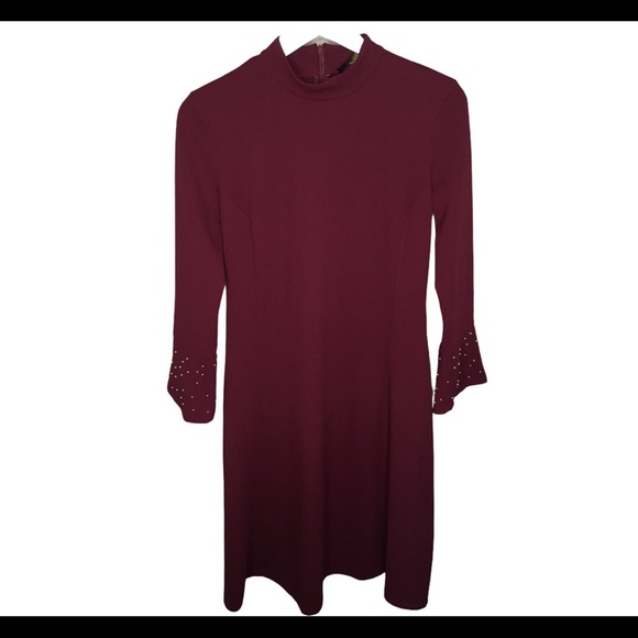 GDG Actuel Midi Dress With Encrusted Long Sleeves & Back Zip Maroon Red Small - Picture 3 of 8